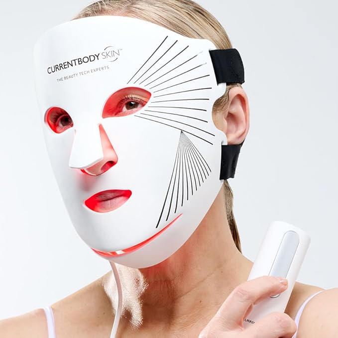 CurrentBody Skin LED Light Therapy Mask Series 2 worn on face showing red light coverage